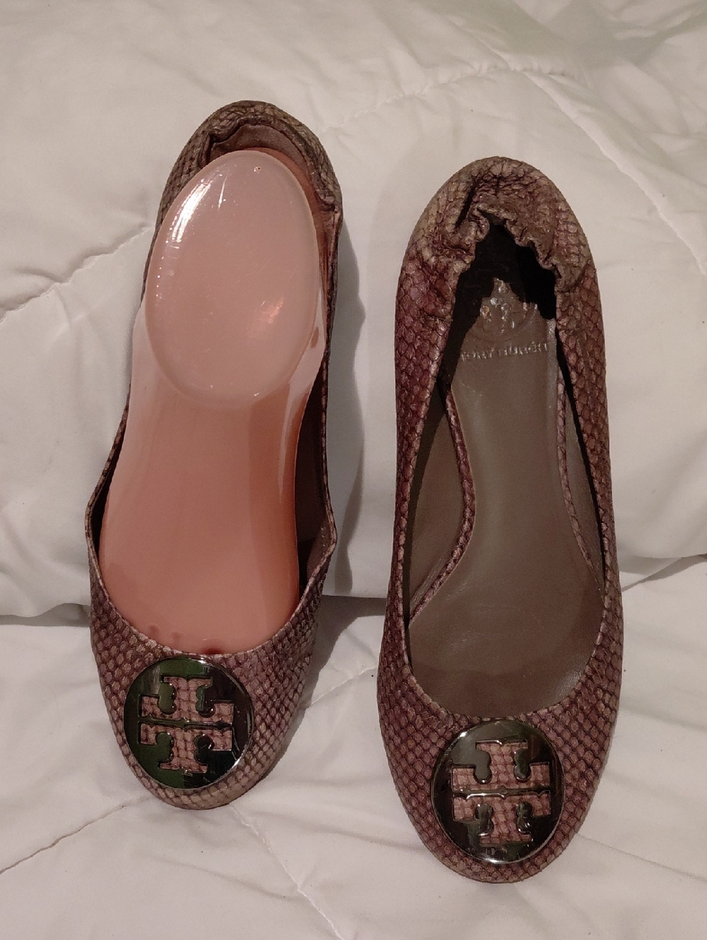 Tory Burch  Brown Snakeskin Logo Ballet Flats